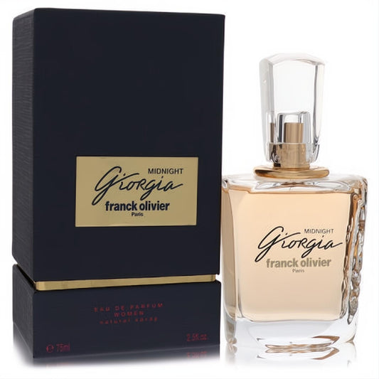 Giorgia Midnight Franck Olivier 2.5 oz women's perfume. Clear faceted glass bottle with warm amber liquid, gold accents, and sleek dark box.