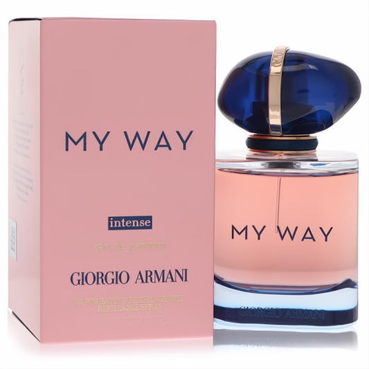 Giorgio Armani My Way Intense 1.7 oz EDP. Elegant clear bottle with peach liquid, unique blue cap, and chic pink box.