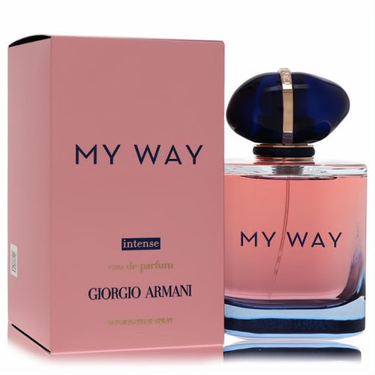 Giorgio Armani My Way Intense 3 oz EDP. Luxurious clear bottle with pink fragrance, sophisticated dark blue cap, and elegant pink box.