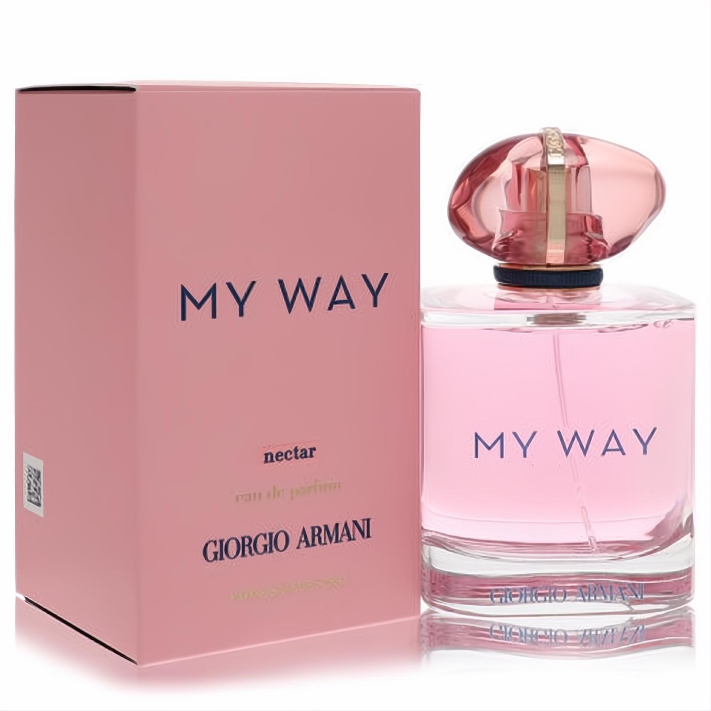 Giorgio Armani My Way Nectar 3 oz Eau De Parfum. Clear bottle with radiant pink liquid, unique pink cap, and elegant matching box.