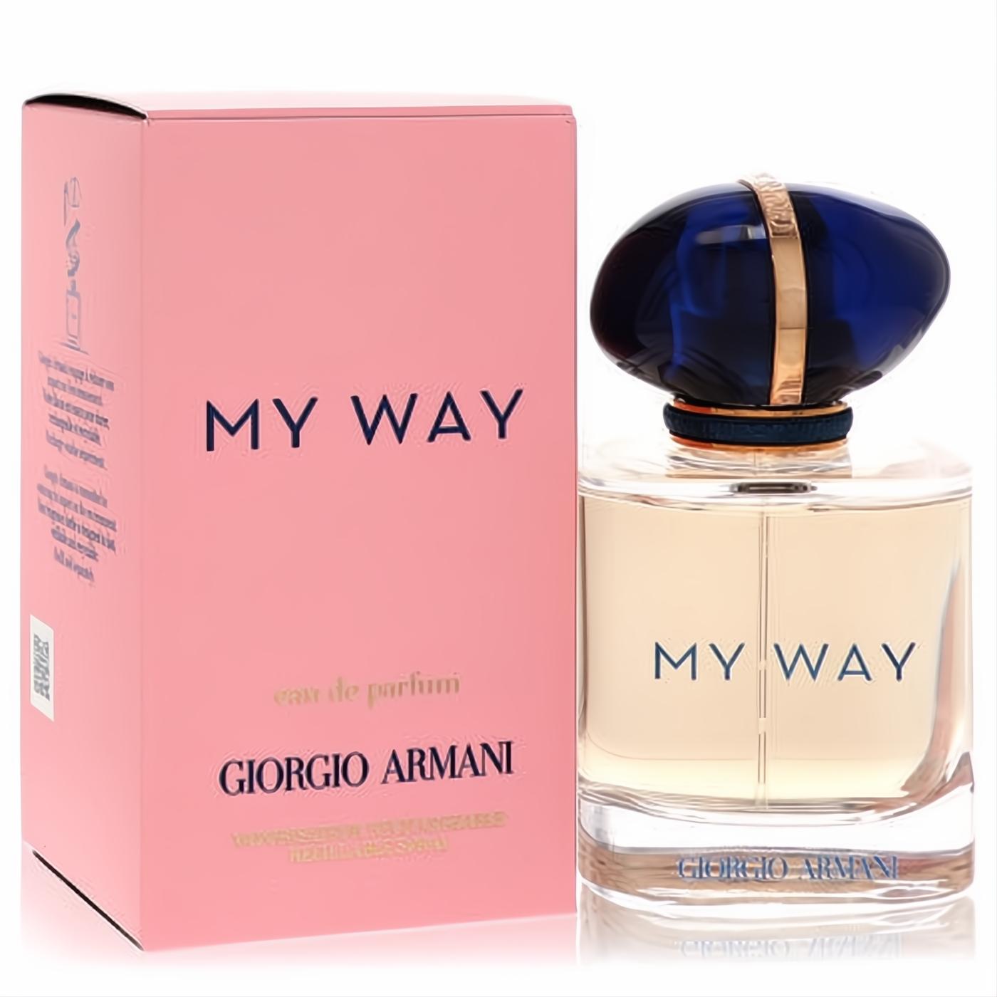 Elegant Giorgio Armani My Way 1.7 oz Eau De Parfum. Clear glass bottle, unique blue cap with gold accents, beside its chic pink box.
