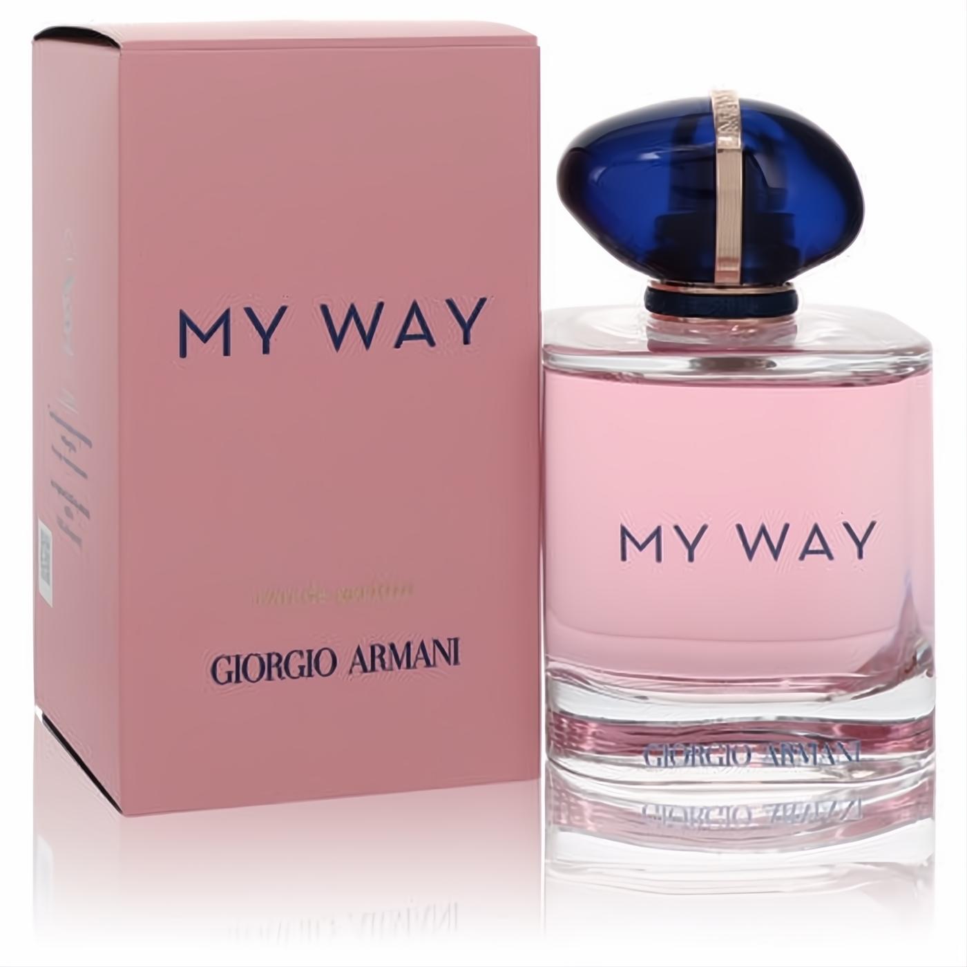 Indulge in Giorgio Armani My Way 3 oz EDP. Clear bottle with soft pink fragrance, elegant dark blue cap, and matching pink box.