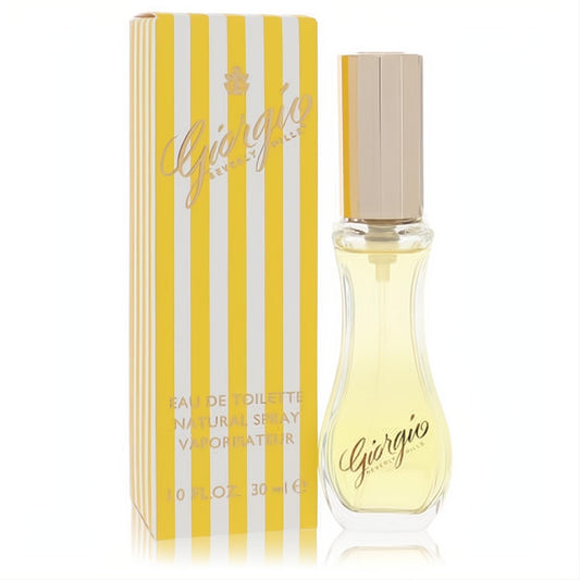 Giorgio Beverly Hills 1 oz EDT spray in a sleek clear glass bottle with gold cap, presented in its signature yellow-white striped box.