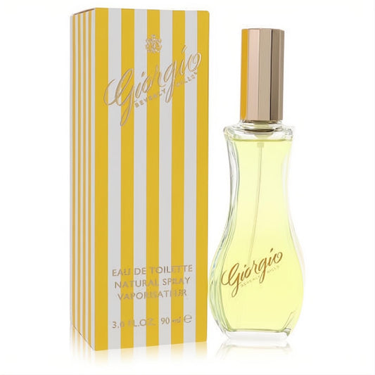 Giorgio Beverly Hills 3 oz Eau De Toilette. Elegant clear glass bottle with vibrant yellow fragrance, gold cap, and classic striped box.