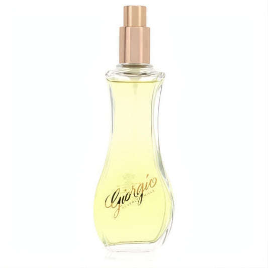 Giorgio Beverly Hills 3 oz EDT tester. Iconic curvy glass bottle, luminous golden fragrance, sleek rose gold sprayer.