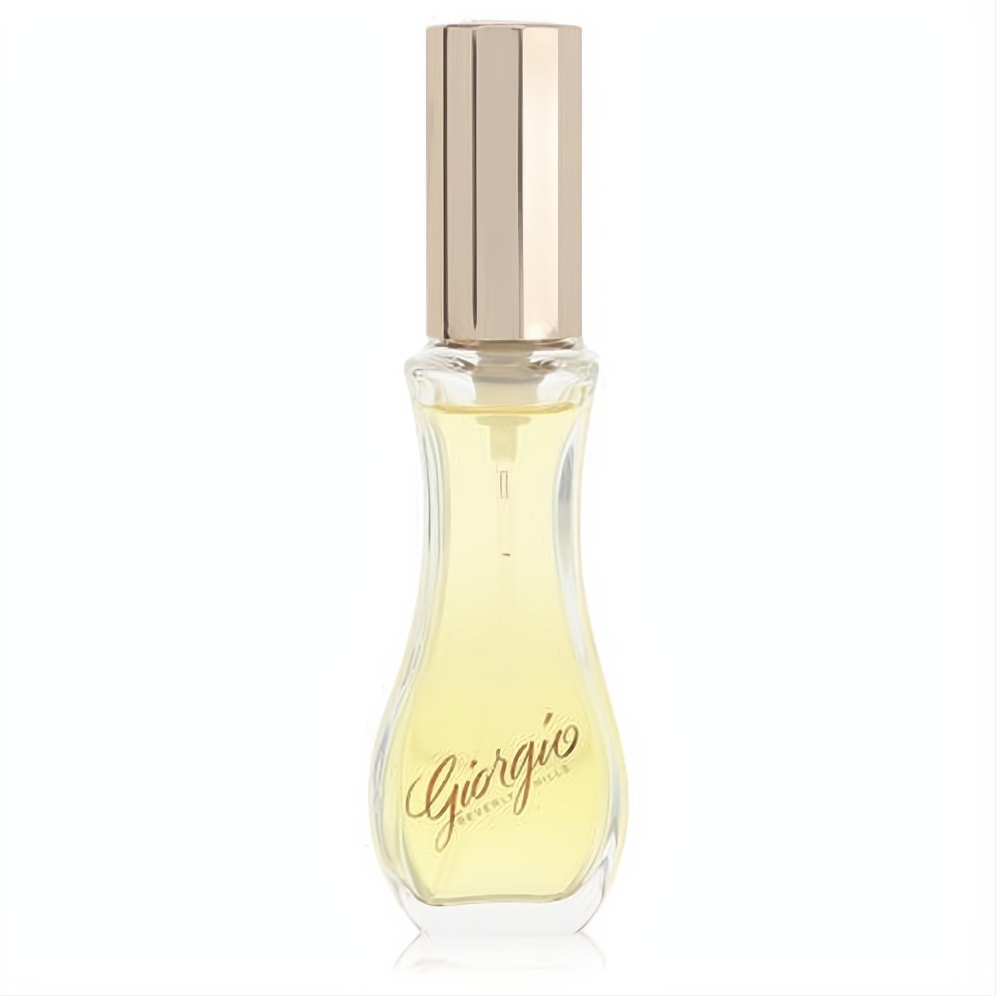 Elegant Giorgio Beverly Hills 1 oz women's EDT spray. Curvy glass bottle with radiant golden fragrance and a luxurious gold cap.