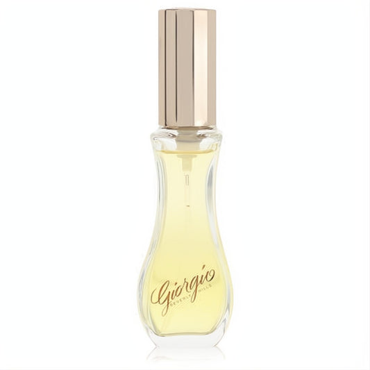 Elegant Giorgio Beverly Hills 1 oz women's EDT spray. Curvy glass bottle with radiant golden fragrance and a luxurious gold cap.