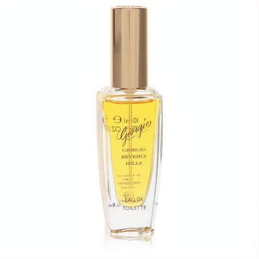 Giorgio Beverly Hills .33 oz mini EDT spray. Clear glass bottle, radiant yellow fragrance, and elegant gold cap.