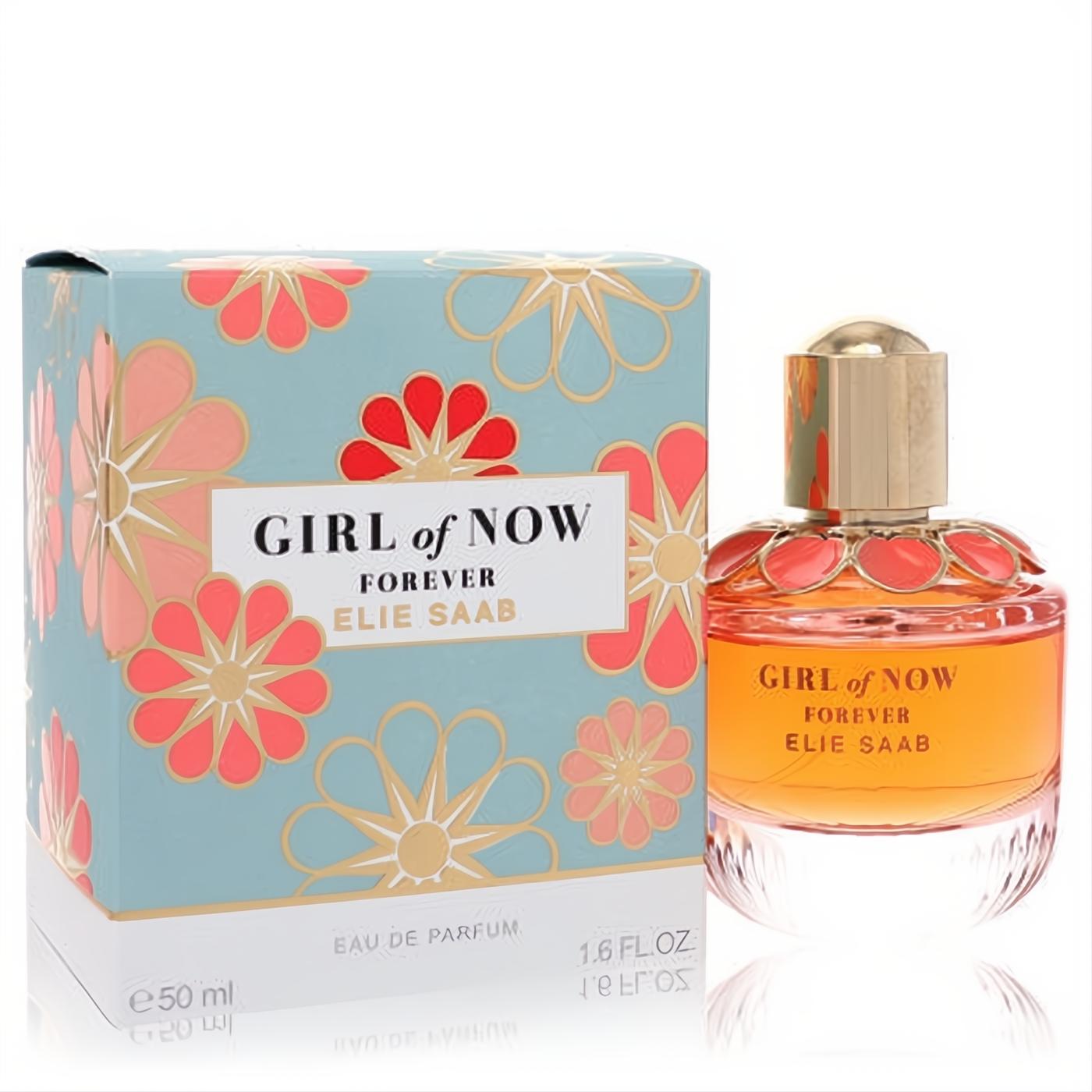 Elie Saab Girl of Now Forever 1.6 oz EDP. Captivating amber perfume in an elegant clear bottle with gold cap, coral flowers, and a vibrant blue floral box.