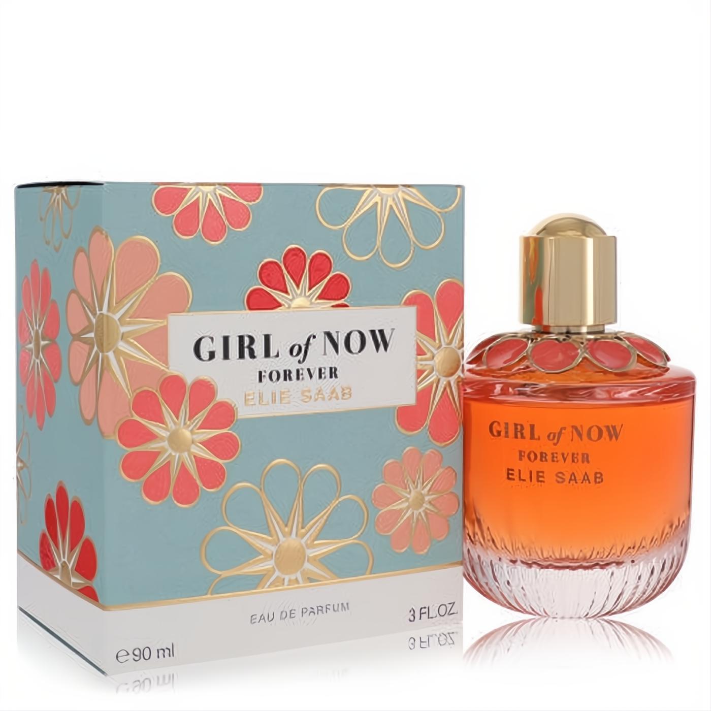 Elie Saab Girl of Now Forever 3 oz EDP. Radiant orange perfume in a ribbed bottle with gold cap, floral neck, and elegant blue floral box.
