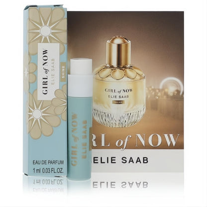 Elie Saab Girl of Now Shine .03 oz women's perfume sample vial, mint green box with gold floral design, beside the luxurious full bottle.
