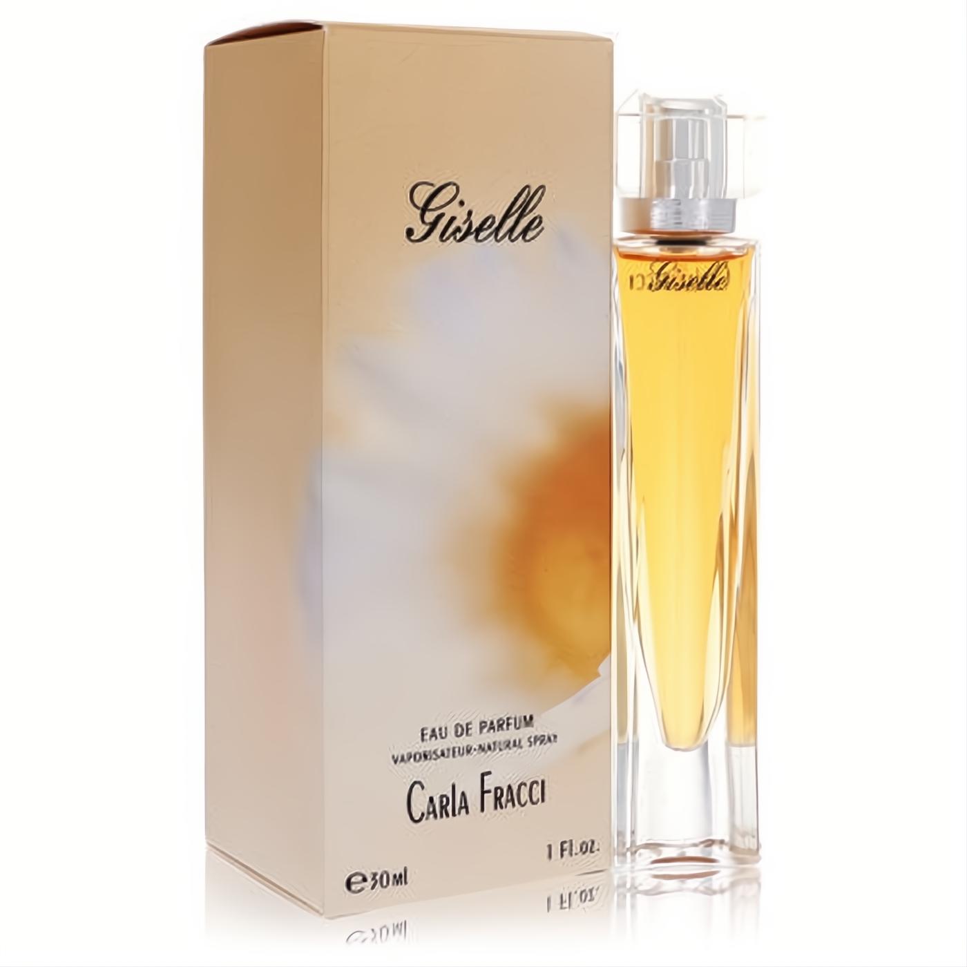 Giselle by Carla Fracci 1 oz Eau De Parfum in an elegant clear glass bottle with golden liquid, beside its luxurious champagne box.