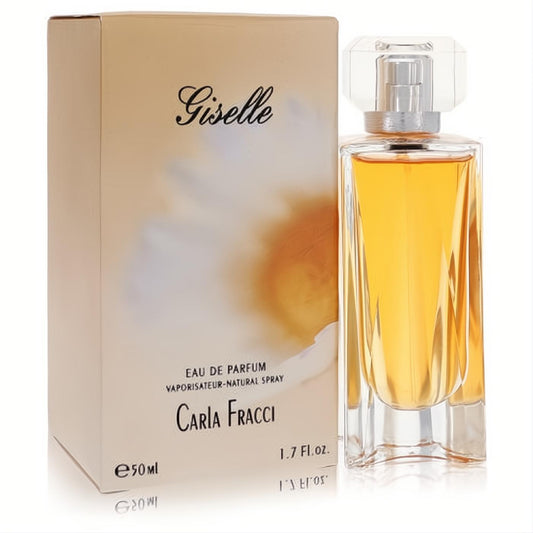 Giselle by Carla Fracci 1.7 oz women's Eau De Parfum. Elegant clear glass bottle with golden fragrance and chic beige box.
