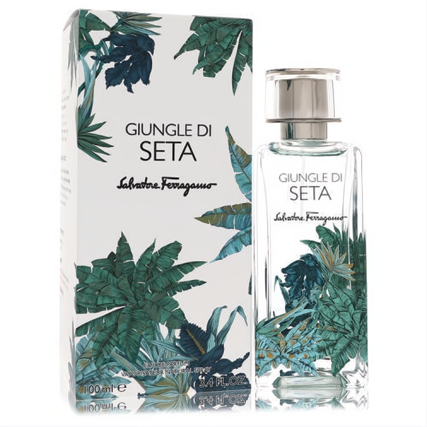 Elegant Salvatore Ferragamo Giungle Di Seta 3.4 oz unisex EDP spray. Clear bottle and white box feature a vibrant tropical leaf design.