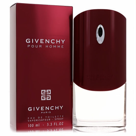 Givenchy Pour Homme 3.3 oz EDT spray. Elegant dark red glass bottle with clear base, beside its matching branded box.