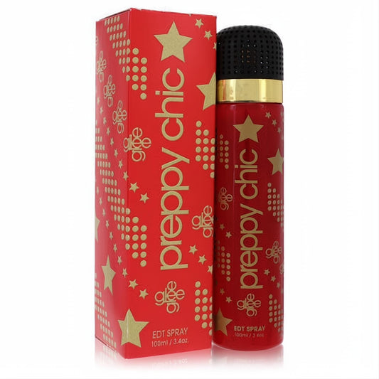 Vibrant red Glee Preppy Chic 3.4 oz EDT spray bottle with gold stars, elegant band, and unique microphone cap.