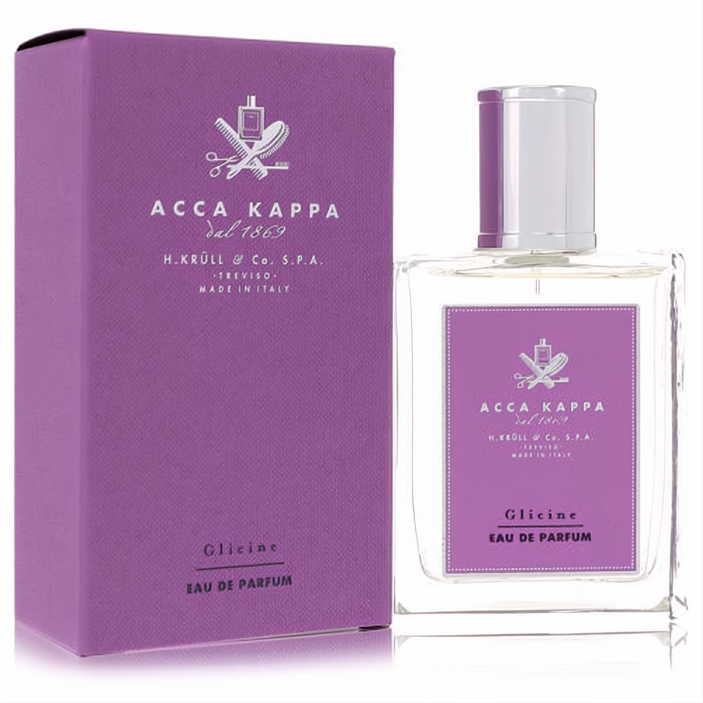 Acca Kappa Glicine 3.3 oz women's Eau De Parfum. Elegant clear glass bottle with a chic purple label and matching box.