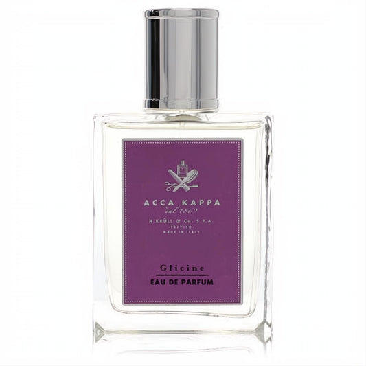Discover Acca Kappa Glicine Eau De Parfum, a 3.3 oz clear glass bottle with a luxurious silver cap and vibrant purple label.