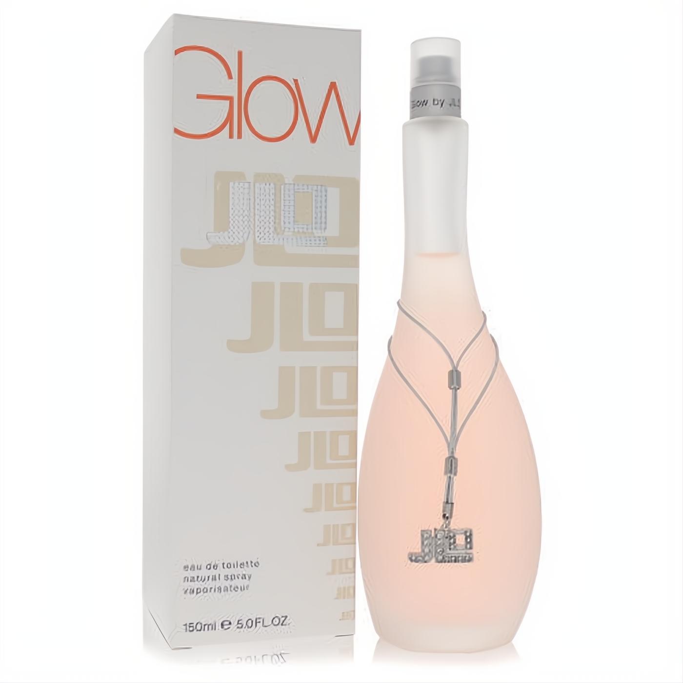 Glow by JLO 5 oz Eau de Toilette. Feminine frosted pink bottle, adorned with a chic silver JLO charm necklace.