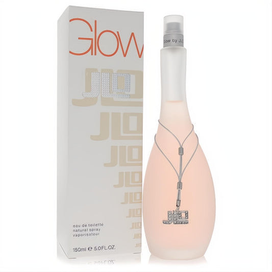 Glow by JLO 5 oz Eau de Toilette. Feminine frosted pink bottle, adorned with a chic silver JLO charm necklace.