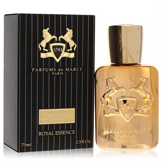 Luxurious Godolphin by Parfums de Marly 2.5 oz men's EDP. Gold bottle with embossed crest, sleek black and gold box.