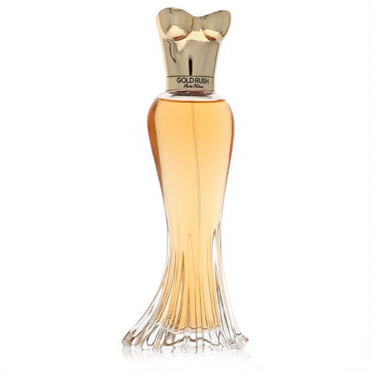 Elegant Gold Rush Paris Hilton 3.4 oz perfume bottle. Gold bustier cap, amber liquid, and a flowing glass gown design.