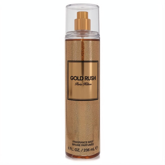 Glamorous Gold Rush Paris Hilton 8 oz fragrance mist. Shimmering gold bottle, clear cap, and elegant black label.