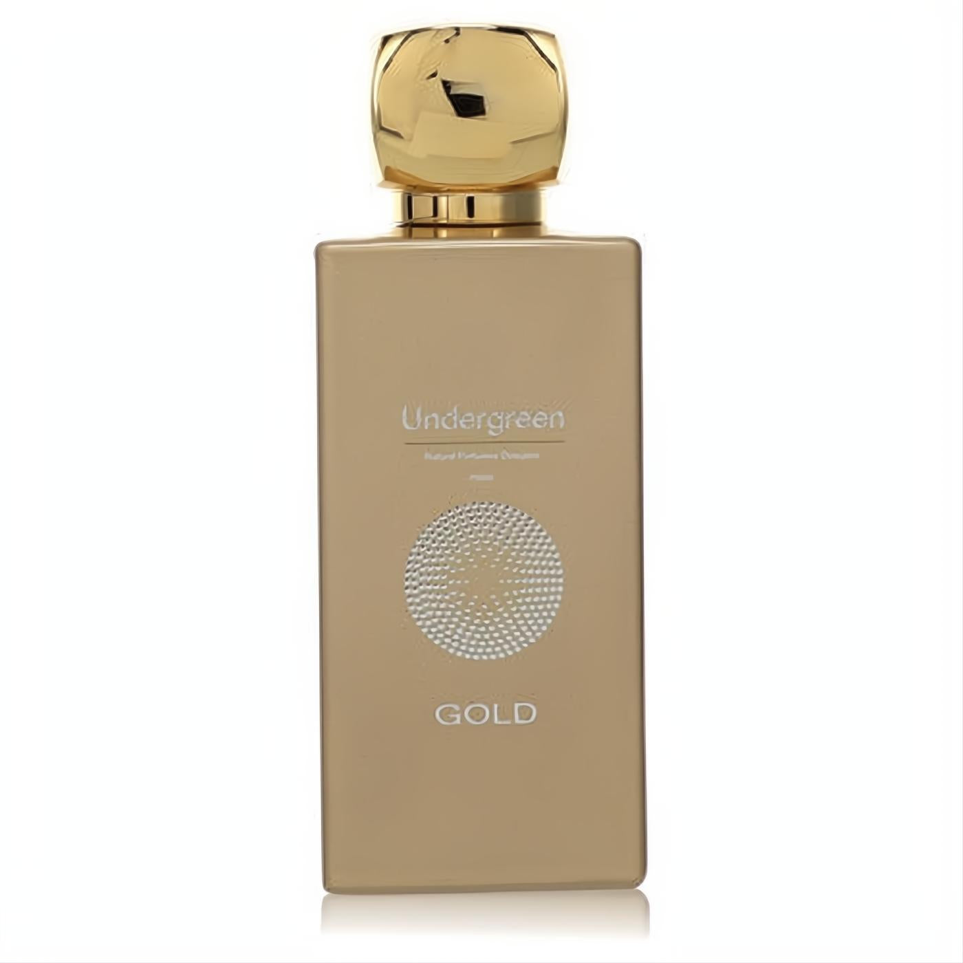 Versens Gold Undergreen Eau De Parfum, 3.35 oz. Sleek gold bottle, shiny cap, and unique textured design. Perfect for a luxurious fragrance.