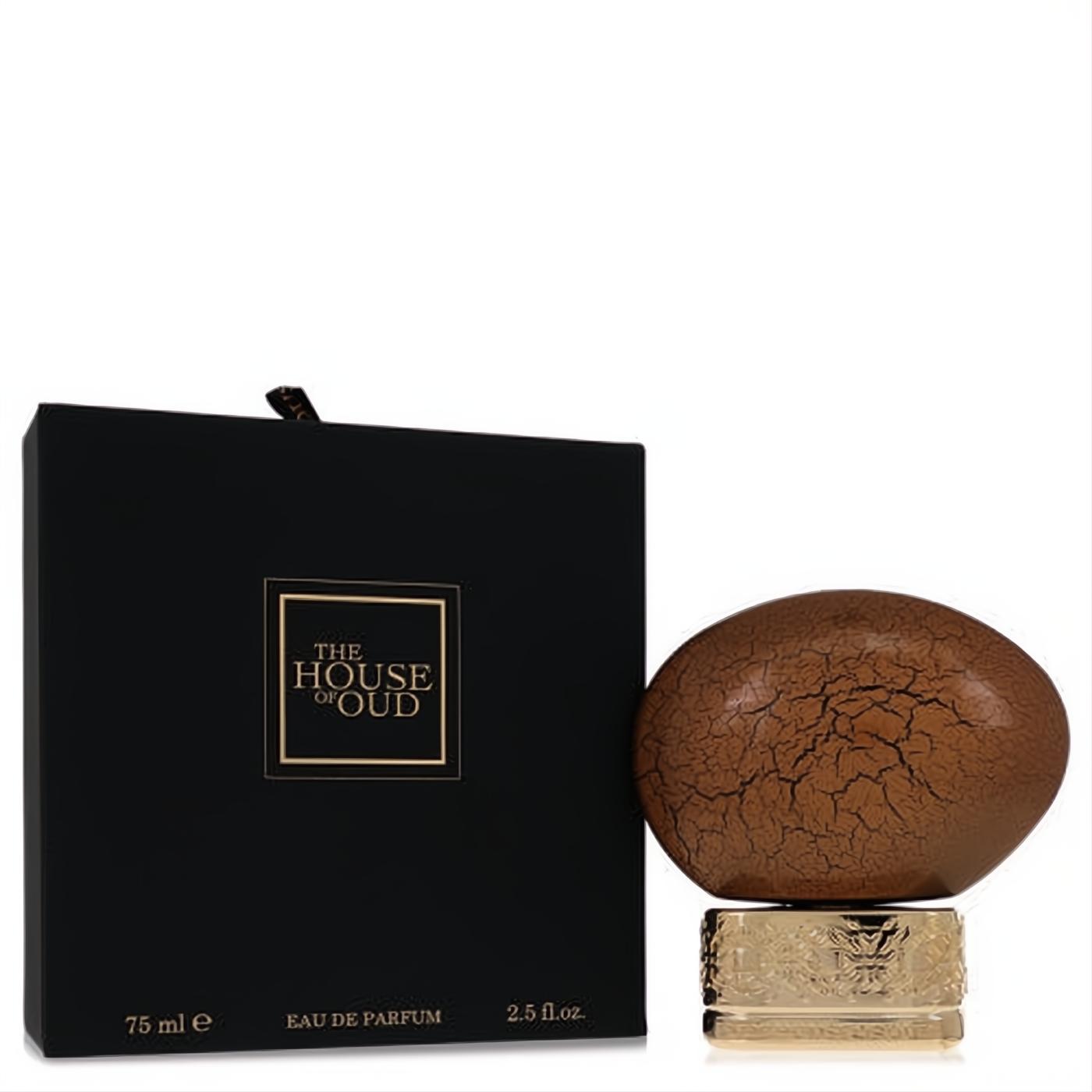 Golden Powder unisex perfume by The House of Oud, featuring a unique cracked brown and gold 2.5 oz bottle with elegant black box.