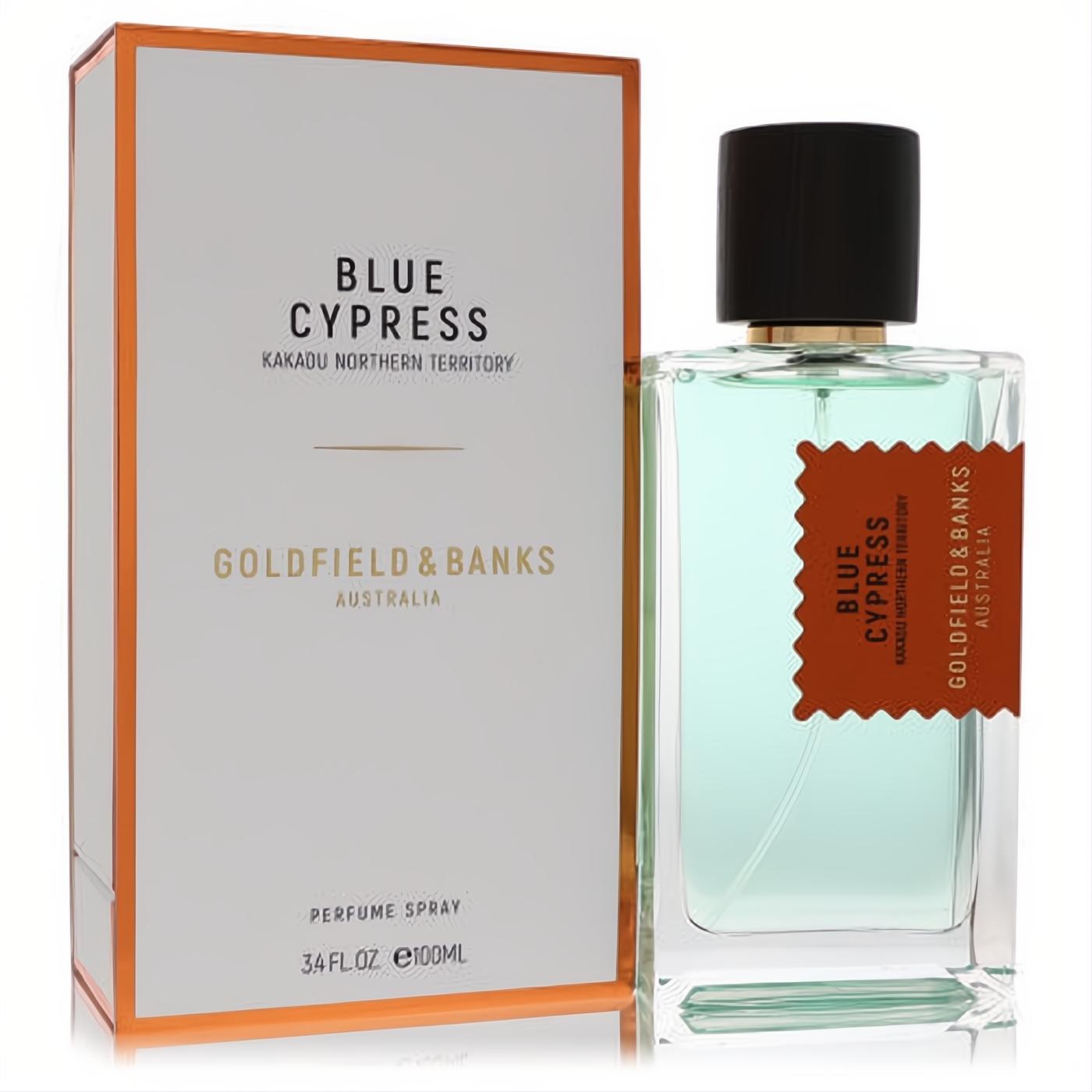 Goldfield & Banks Blue Cypress 3.4 oz unisex perfume spray. Clear bottle with refreshing blue liquid, black cap, and vibrant orange label.