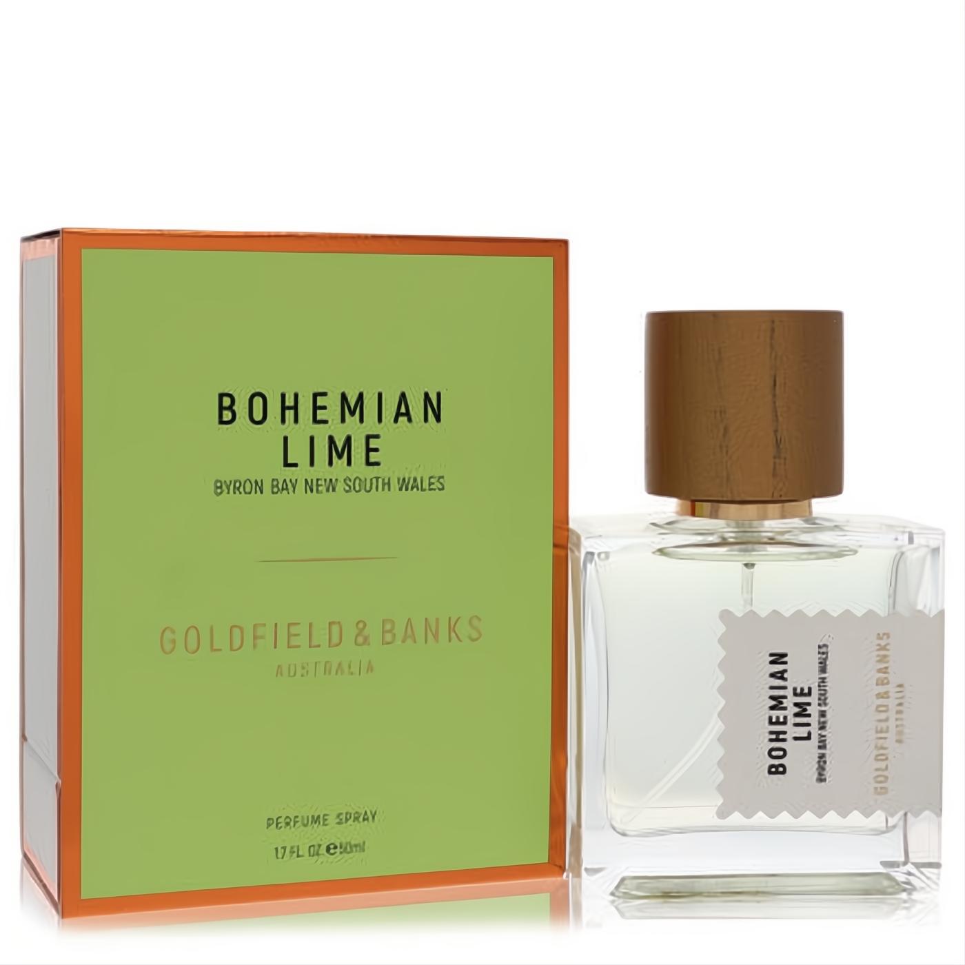 Experience Goldfield & Banks Bohemian Lime 1.7 oz unisex perfume. Elegant clear bottle, wood-look cap, vibrant lime green box.