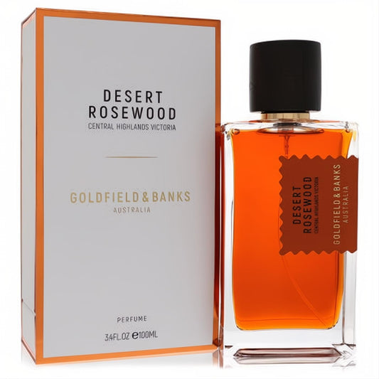 Goldfield & Banks Desert Rosewood 3.4oz unisex perfume. Amber liquid in a sleek glass bottle with black cap, next to its white and gold box.