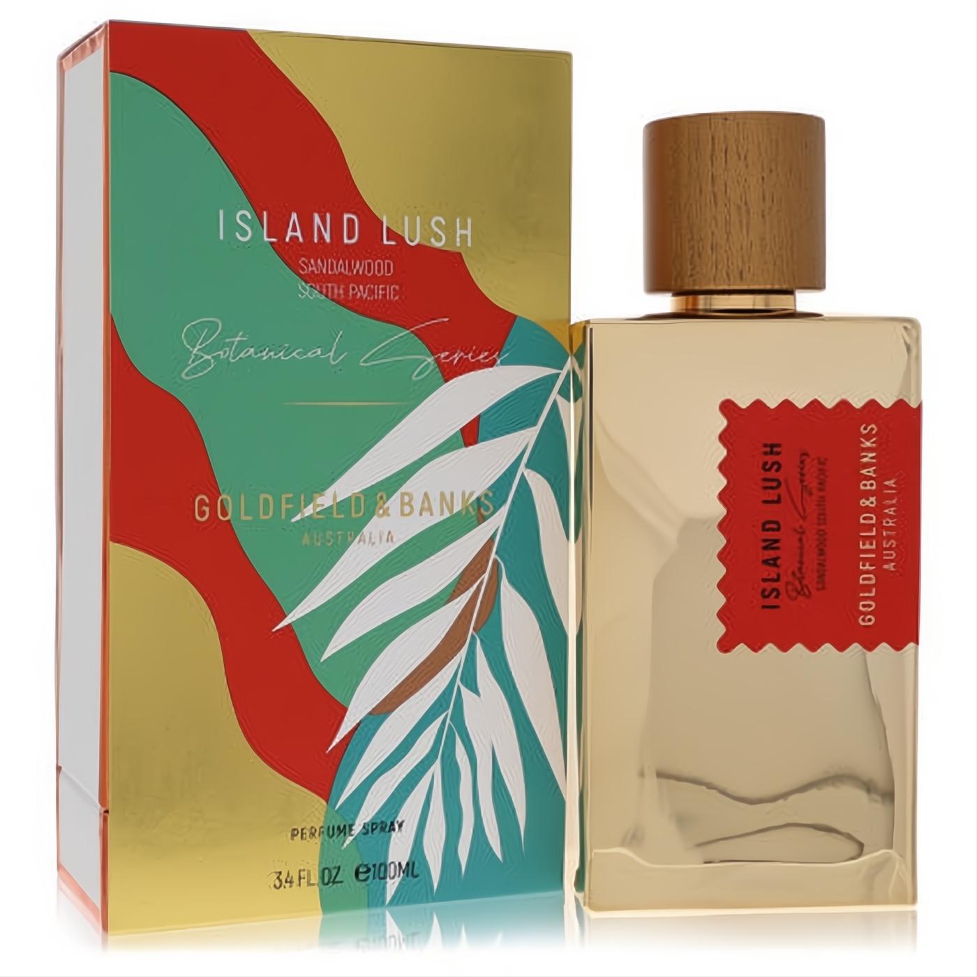 Experience Island Lush: Goldfield & Banks 3.4 oz unisex perfume. Sleek gold bottle, natural wood cap, vibrant tropical box.