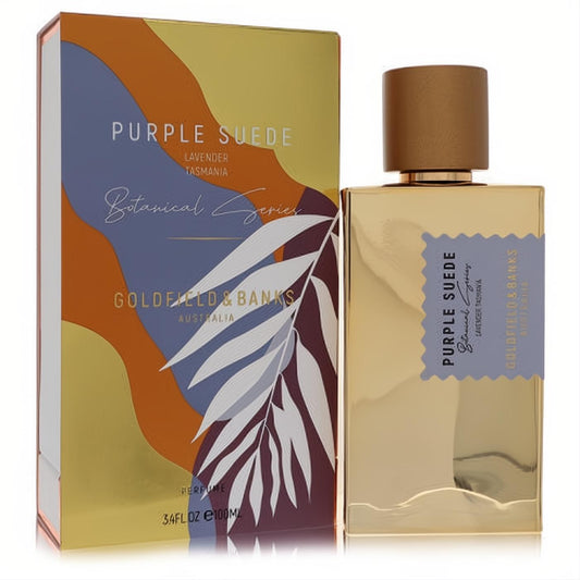 Distinctive Goldfield & Banks Purple Suede 3.4 oz unisex perfume in a radiant gold bottle with a purple label and botanical art box.
