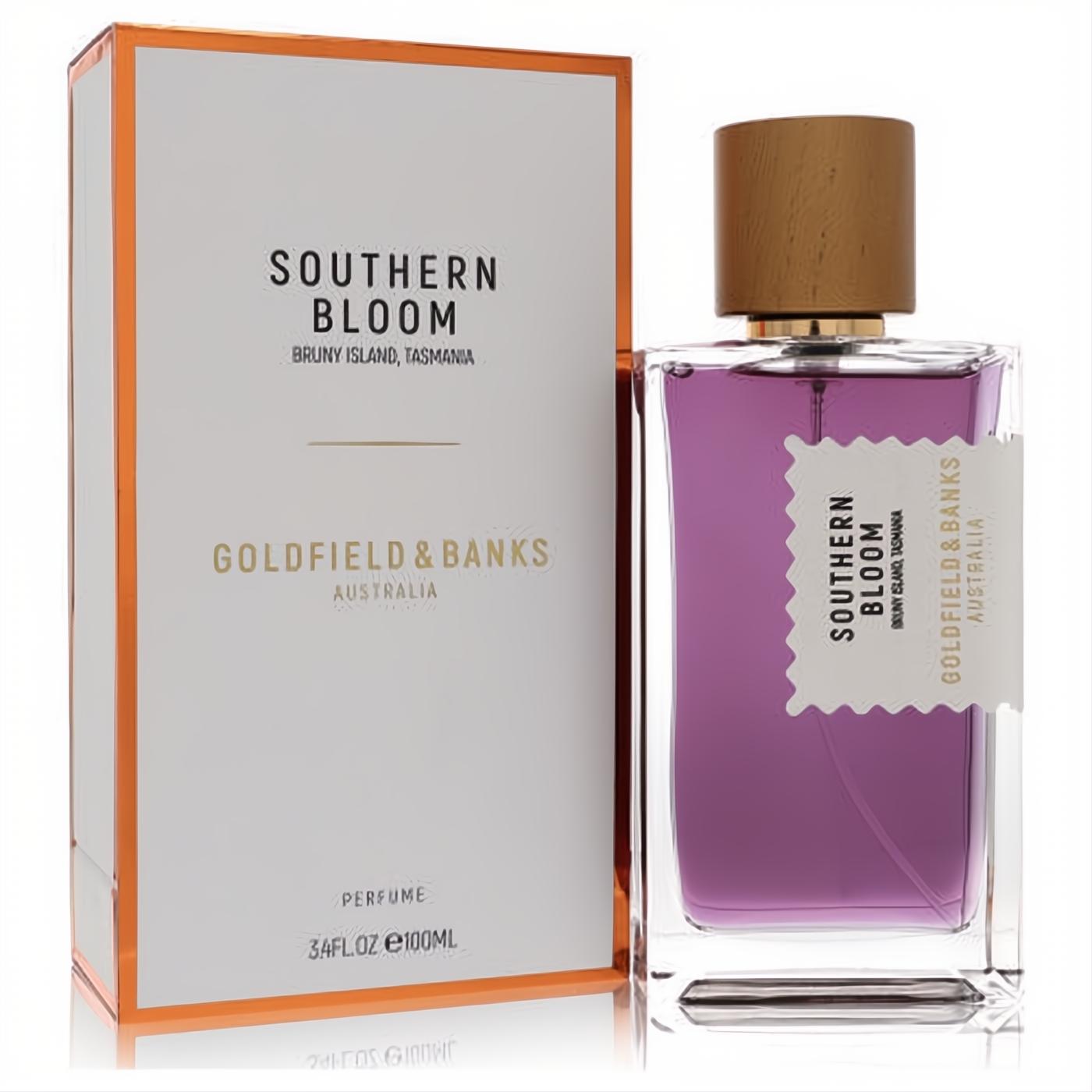Goldfield & Banks Southern Bloom 3.4 oz unisex perfume. Clear bottle with captivating purple liquid, elegant wooden cap, and white & gold box.