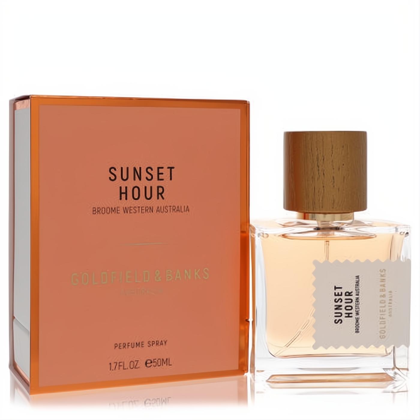 Goldfield & Banks Sunset Hour 1.7 oz unisex perfume. Features a clear glass bottle with amber liquid, natural wood cap, and a vibrant orange box.