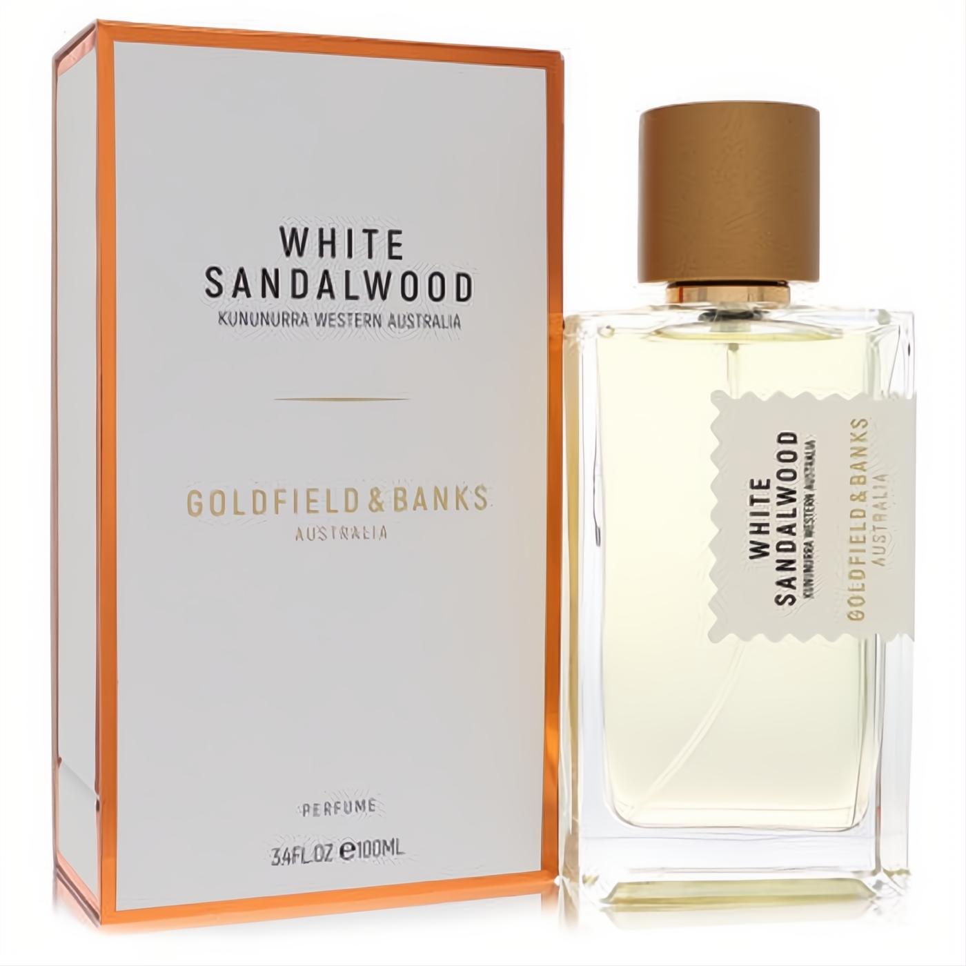 Discover Goldfield & Banks White Sandalwood 3.4 oz unisex perfume. Clear glass bottle, gold cap, and elegant white box.