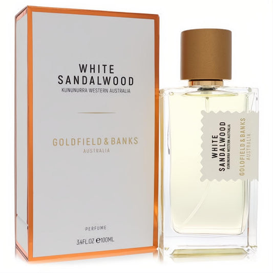 Discover Goldfield & Banks White Sandalwood 3.4 oz unisex perfume. Clear glass bottle, gold cap, and elegant white box.