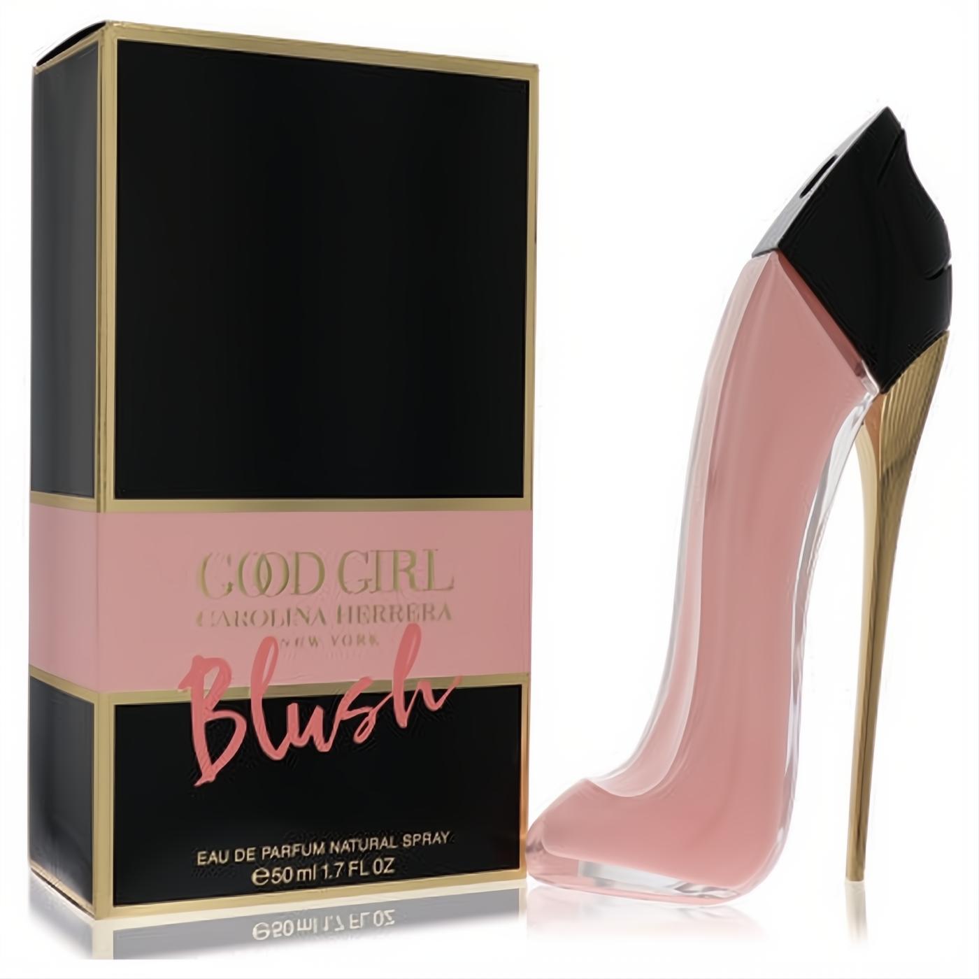 Good Girl Blush 1.7 oz EDP in a chic blush pink high-heel bottle with a gold stiletto heel, and its elegant black and pink box.