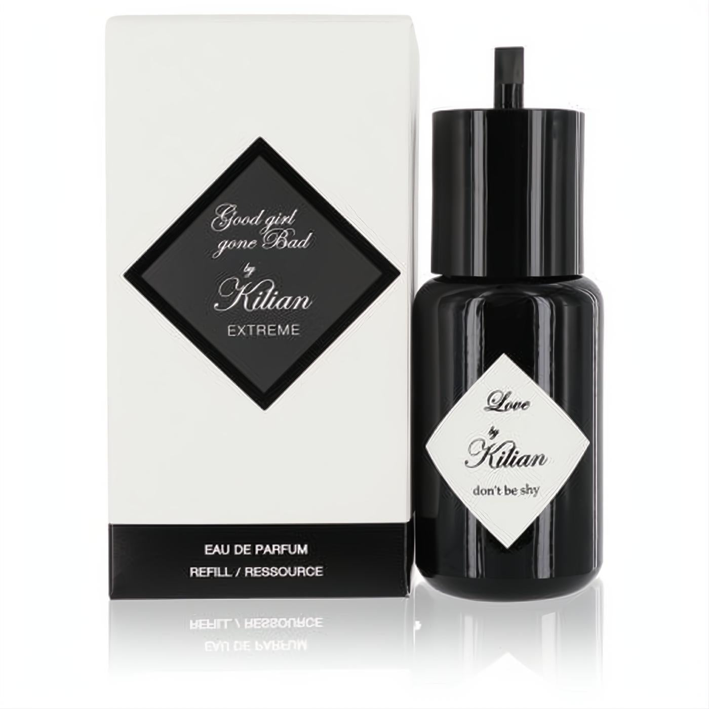 Elegant black Kilian perfume refill bottle with "Love, don't be shy" diamond label, beside its crisp white "Good Girl Gone Bad Extreme" box.