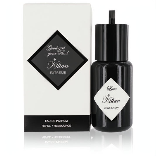 Elegant black Kilian perfume refill bottle with "Love, don't be shy" diamond label, beside its crisp white "Good Girl Gone Bad Extreme" box.