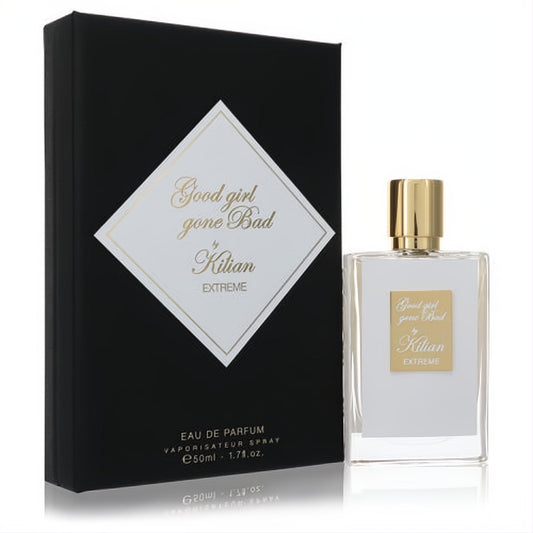 Good Girl Gone Bad Extreme by Kilian 1.7 oz EDP. Elegant clear glass bottle, gold cap, white label, and sleek black box.