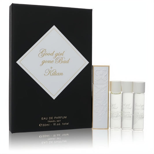 Luxurious Good Girl Gone Bad by Kilian travel set: black box, ornate white and gold spray, four 0.25 oz perfume refills.
