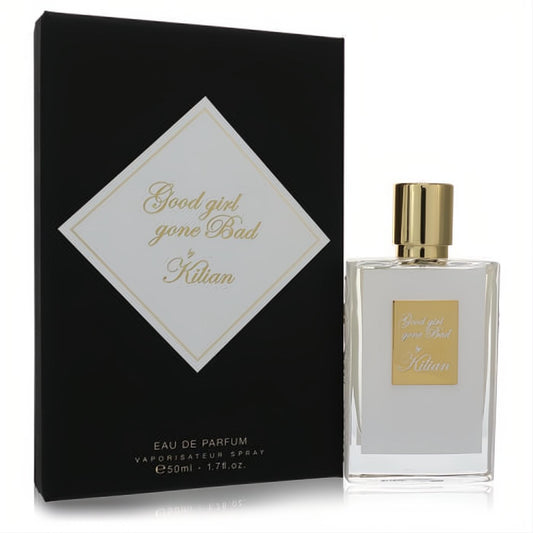 Luxurious Kilian Good Girl Gone Bad 1.7 oz EDP in a clear glass bottle with a gold cap, beside its elegant black and white branded box.