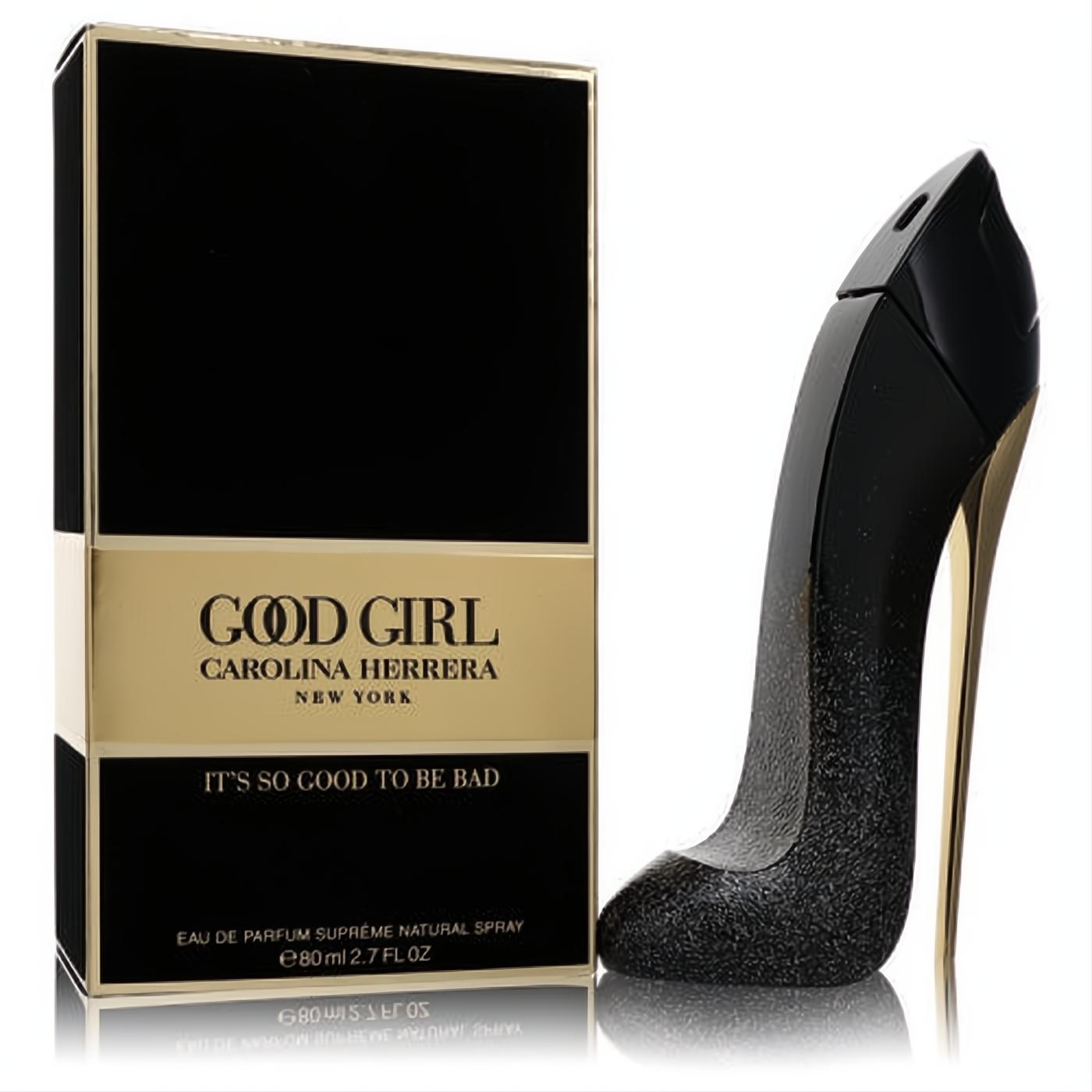 Stunning Carolina Herrera Good Girl Supreme 2.7 oz perfume: iconic black glitter high heel bottle with gold stiletto, beside its chic black & gold box.