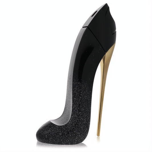 Good Girl Supreme by Carolina Herrera. Dazzling black glitter high-heel perfume bottle with a luxurious gold stiletto.