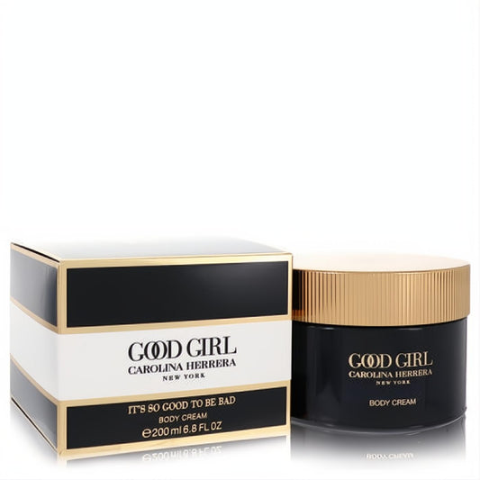 Elegant Good Girl Carolina Herrera 6.8 oz body cream. Sleek black jar, gold ribbed lid, and matching black & gold box.