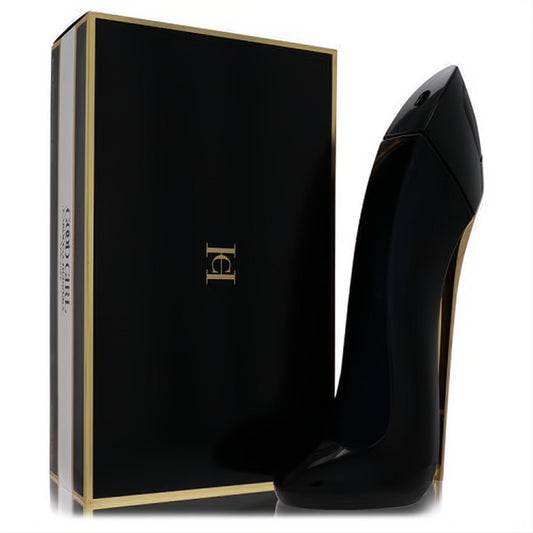 Good Girl by Carolina Herrera perfume in a striking black stiletto bottle with a gold heel, beside its luxurious black and gold striped box.