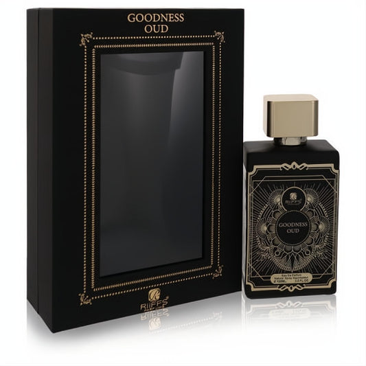 Goodness Oud by Riiffs 3.3 oz men's cologne. Elegant black glass bottle, gold cap, intricate gold design, and matching luxury gift box.