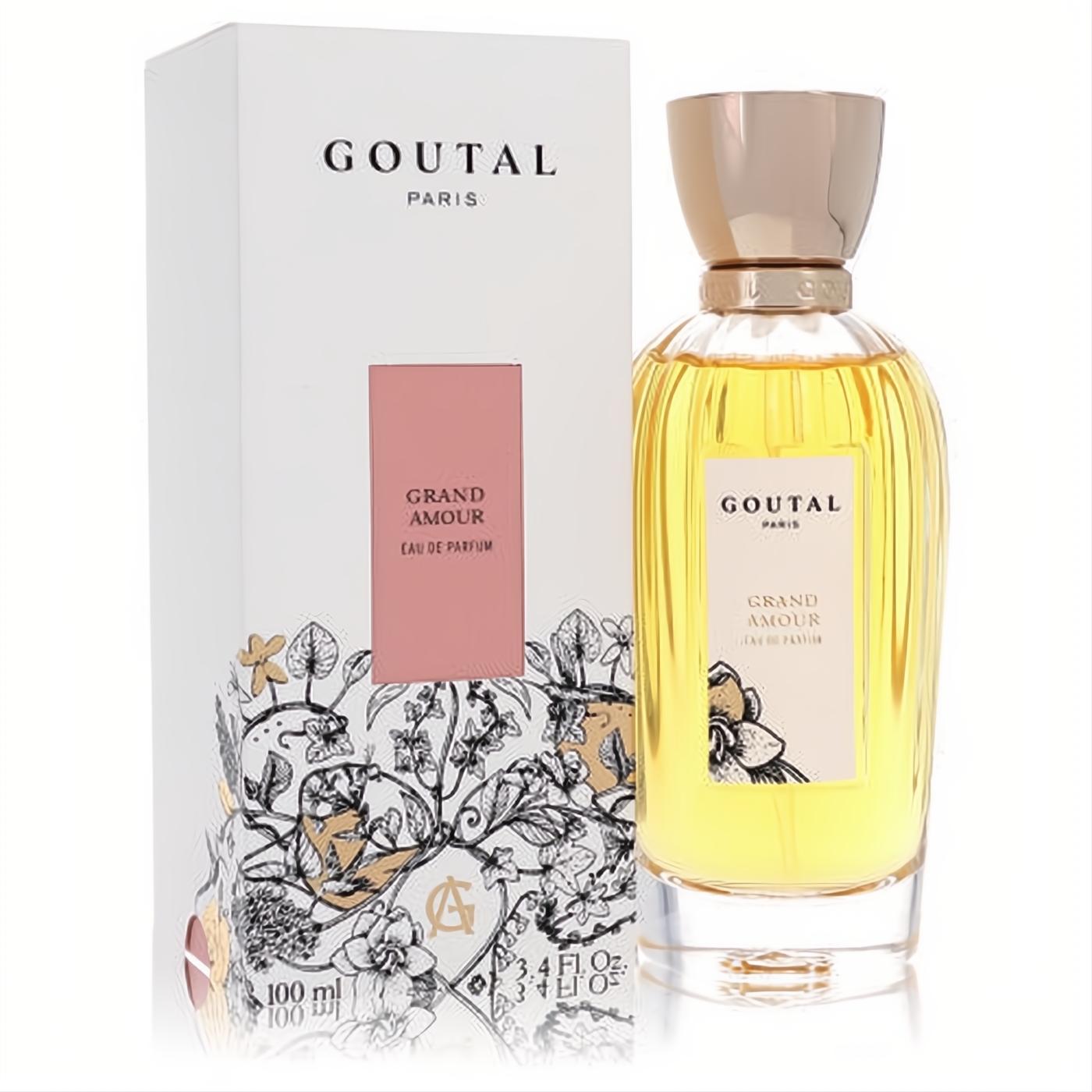 Elegant Goutal Grand Amour 3.4 oz Eau de Parfum in a clear bottle with a gold cap, paired with its beautifully illustrated floral white box.